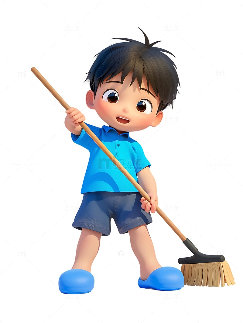 劳动节打扫清洁的蓝色小男孩