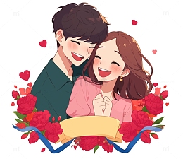 被玫瑰花包围的卡通情侣素材
