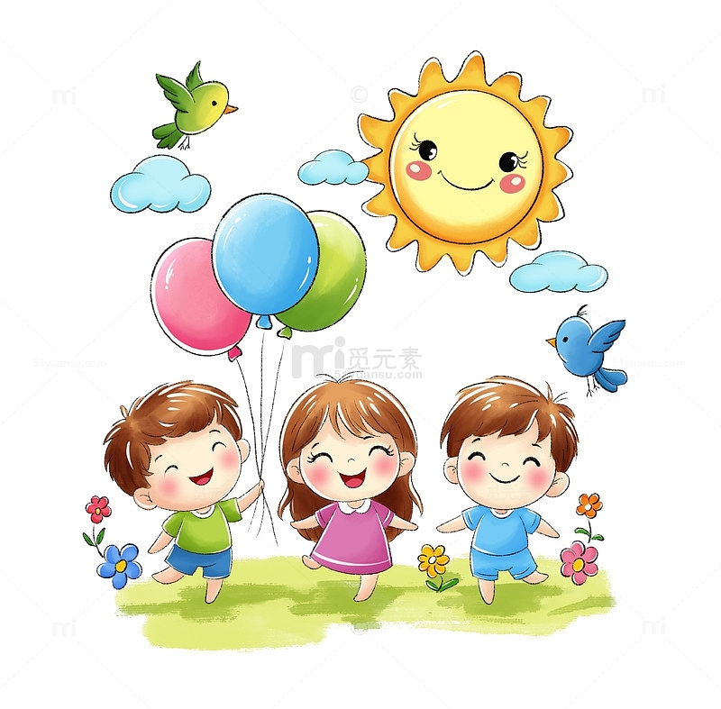 六一儿童节小孩草地气球跳舞小鸟太阳花