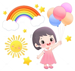 儿童节彩虹小女孩气球云朵装饰元素