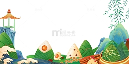 端午节粽子山峰亭子河流浪花柳枝