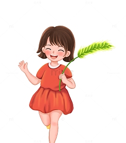 小满节气抓着麦穗奔跑的小女孩手绘元素