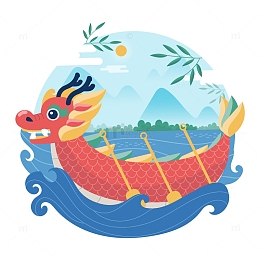 红色卡通龙舟与船桨