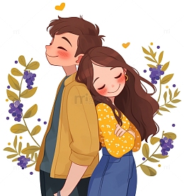 背靠背卡通情侣甜蜜场景