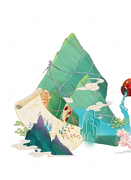 端午节粽子山峰河流画卷酒坛莲花宝塔卷云