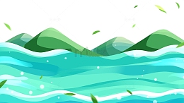 彩绘卡通河流河面丘陵山脉绿叶