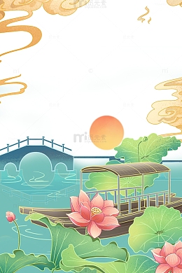 国风清新盛夏划船游湖插画