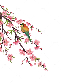 彩绘卡通花树桃花飞鸟