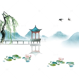 小暑荷塘莲花荷叶柳树亭子山脉飞燕夏至图片