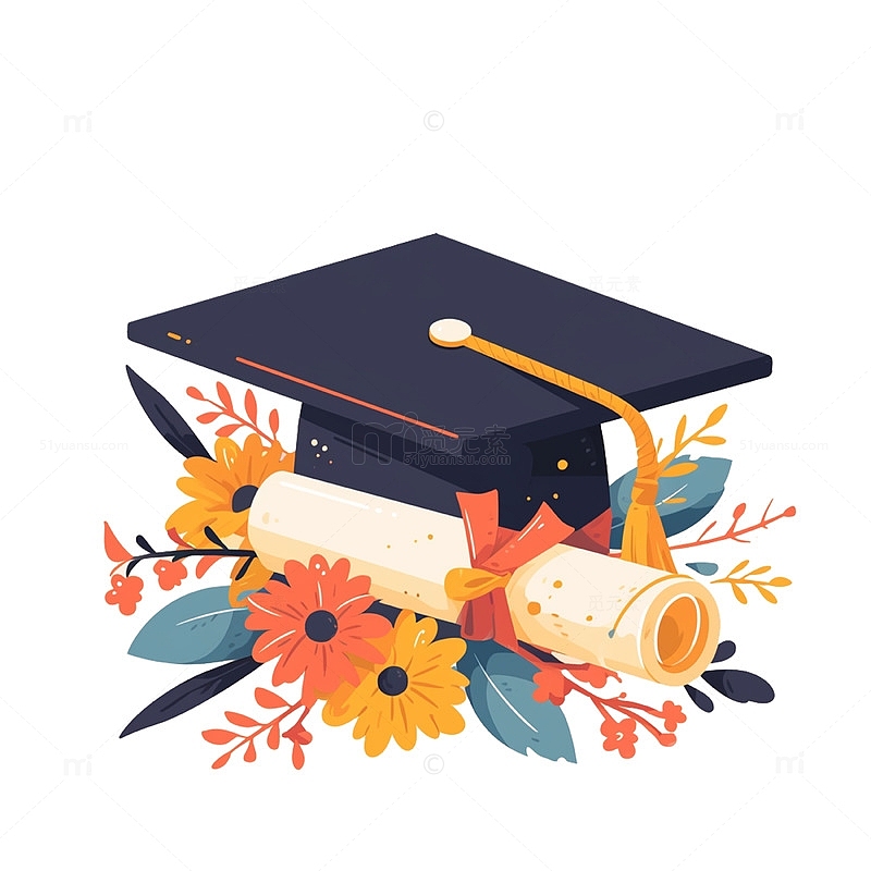高考季卡通鲜花学士帽毕业证书