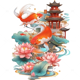 锦锂跃龙门荷花插画素材