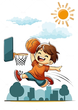 夏天暑假打篮球运动城市男孩卡通儿童插画
