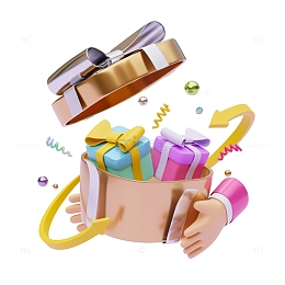 卡通手捧打开的惊喜大礼包3D促销礼盒