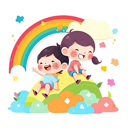 彩虹云朵卡通儿童人物