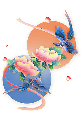 七夕情人节花朵树叶丝带喜鹊孔明灯