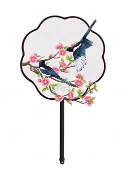 七夕情人节团扇扇子喜鹊花枝花朵树枝