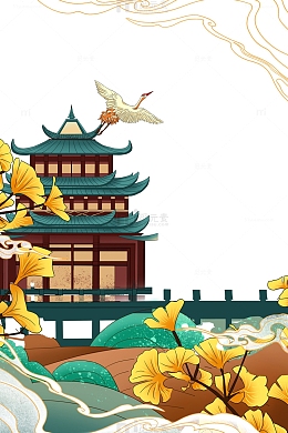国风建筑银杏叶手绘秋季插画