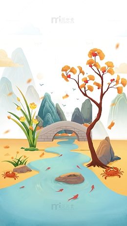 国风山水桥梁河流手绘插画元素
