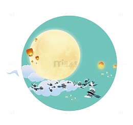 七夕情人节月亮孔明灯白云喜鹊