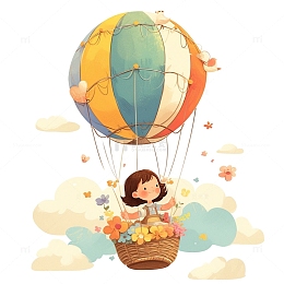 坐在热气球里的卡通女孩人物