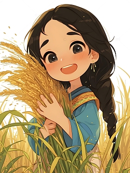 抱着水稻的女孩插画元素