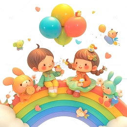 儿童节彩虹上拿着气球的儿童和玩具
