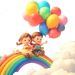 两个拿着气球坐在彩虹上的儿童