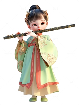 古装吹笛子的汉服女孩绿色