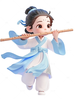 古装吹笛子的汉服小孩绿色