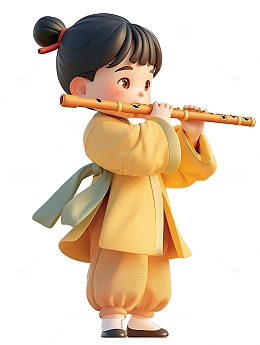 古装吹笛子的汉服小孩乐器