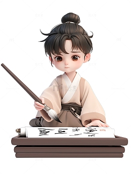 写字毛笔的小男孩