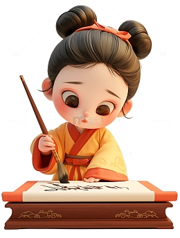 写字毛笔的小女孩