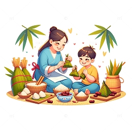 跟妈妈一起包粽子卡通场景素材