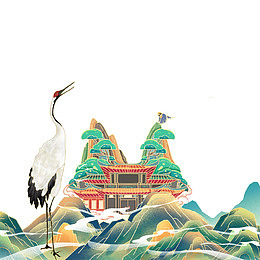 白露节气山峰山脉庙宇楼阁仙鹤