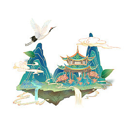 白露节气山峰亭子花丛卷云仙鹤