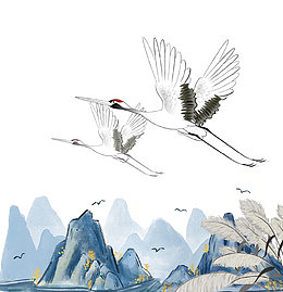 白露节气山峰芦苇丛丹顶鹤飞鸟