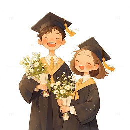 两个拿鲜花的穿学士服毕业人物