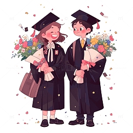 卡通鲜花彩带学士服毕业学生