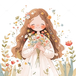 卡通可爱手捧鲜花的女孩