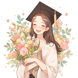 戴学士帽拿着鲜花的女孩