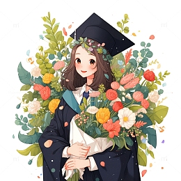 鲜花学士服毕业拍照女孩