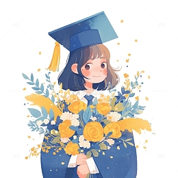 一个穿蓝色学士服手捧鲜花的卡通女孩