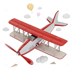 3D红色卡通螺旋桨双翼飞机模型