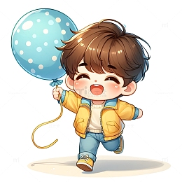 可爱拿着气球的卡通男孩素材