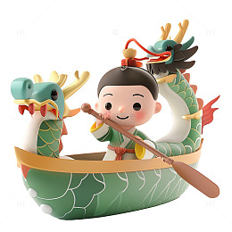 创意粘土造型少年划龙舟模型