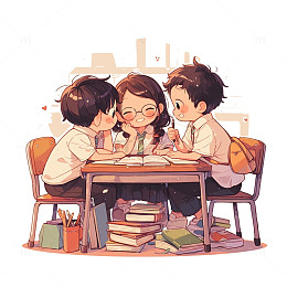 卡通三个课桌上学习的人物