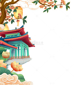 古风建筑凉亭花草国风手绘