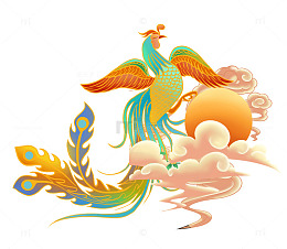 卡通凤凰孔雀卷云云朵太阳