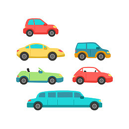 平面集合六种颜色的汽车