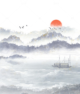 寒露太阳飞鸟丘陵山脉湖面小船水墨画